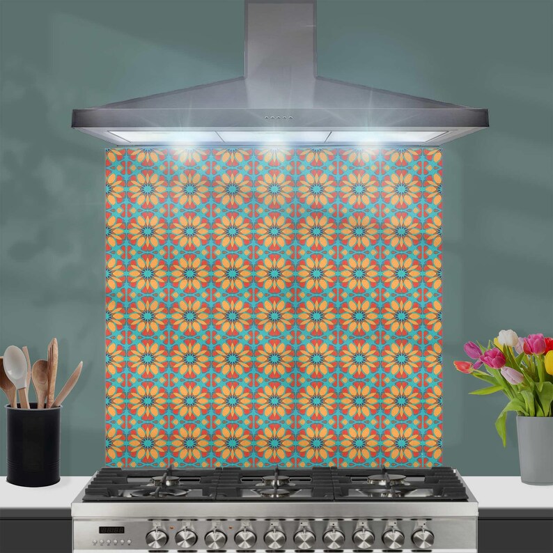 Moroccan Flower Kitchen Splashback - Orange & Teal Glass Cooker Panel ...