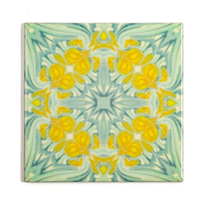 William Morris Azulejos vintage, azulejos verde amarillo retro, azulejos para Aga splashback, Arts and Crafts Decor, diseño botánico de 6 pulgadas, angustiado