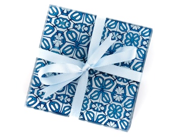 Pretty blue flower coaster set - turkish desk coaster - Moorish Pattern Mug Mat - Islamic Art mug mat - tea drinker Gift - millefiori design