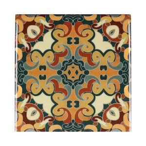May include: A square tile with a colorful geometric pattern. The pattern features swirls and curves in shades of orange, yellow, green, and brown.