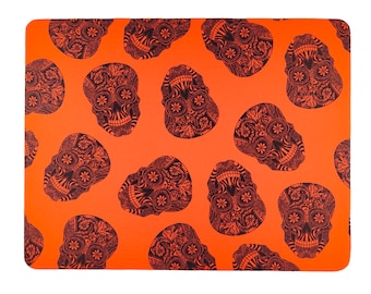 Skull Waterproof Washable Dog Food Mat, Deep Orange & Black design, 30x39cm Pet Food mat, Cat Lover Gift, Fur Baby Christmas Gift
