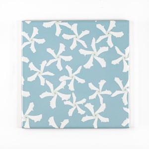 Jasmine Flower tiles, hand-printed ceramic splashback tiles, pretty floral back splash, pale blue aqua craftsman tile, tiles for girls room