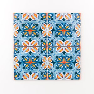 Orange and blue kitchen tiles, ethnic decor, Moroccan tiles, 10cm square tiles, rustic kitchen decor, maximalist decorative tile, Iznik tile image 4