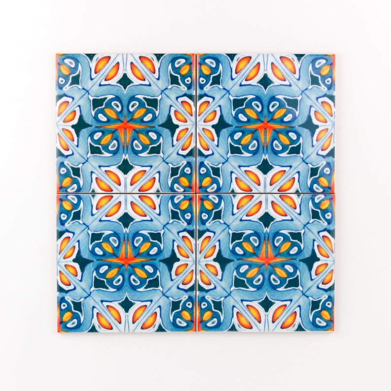 Orange and blue kitchen tiles, ethnic decor, Moroccan tiles, 10cm square tiles, rustic kitchen decor, maximalist decorative tile, Iznik tile image 4