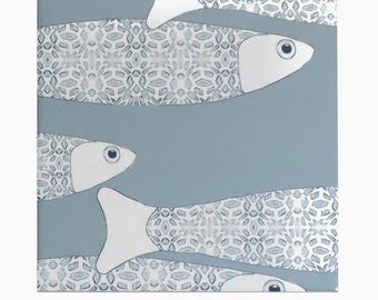 Grey Blue Fish Tile - Ocean Tile - Feature Wall Tile Mural - Set of Four Ceramic tiles - Ocean House Decor - Handmade Beach Home Decor