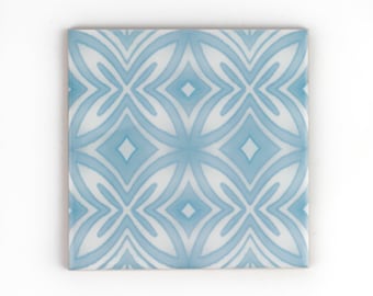 Pale blue and grey hand printed ceramic tiles, 10cm 4 inch decorative tile, duck egg blue splashback tiles, pattern decor tiles, cloakroom