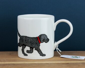 Black labradoodle mug, puppy mug, dog lover gift, new dog gift, labrador owner present, black labrador mug, millefiori print, bone china