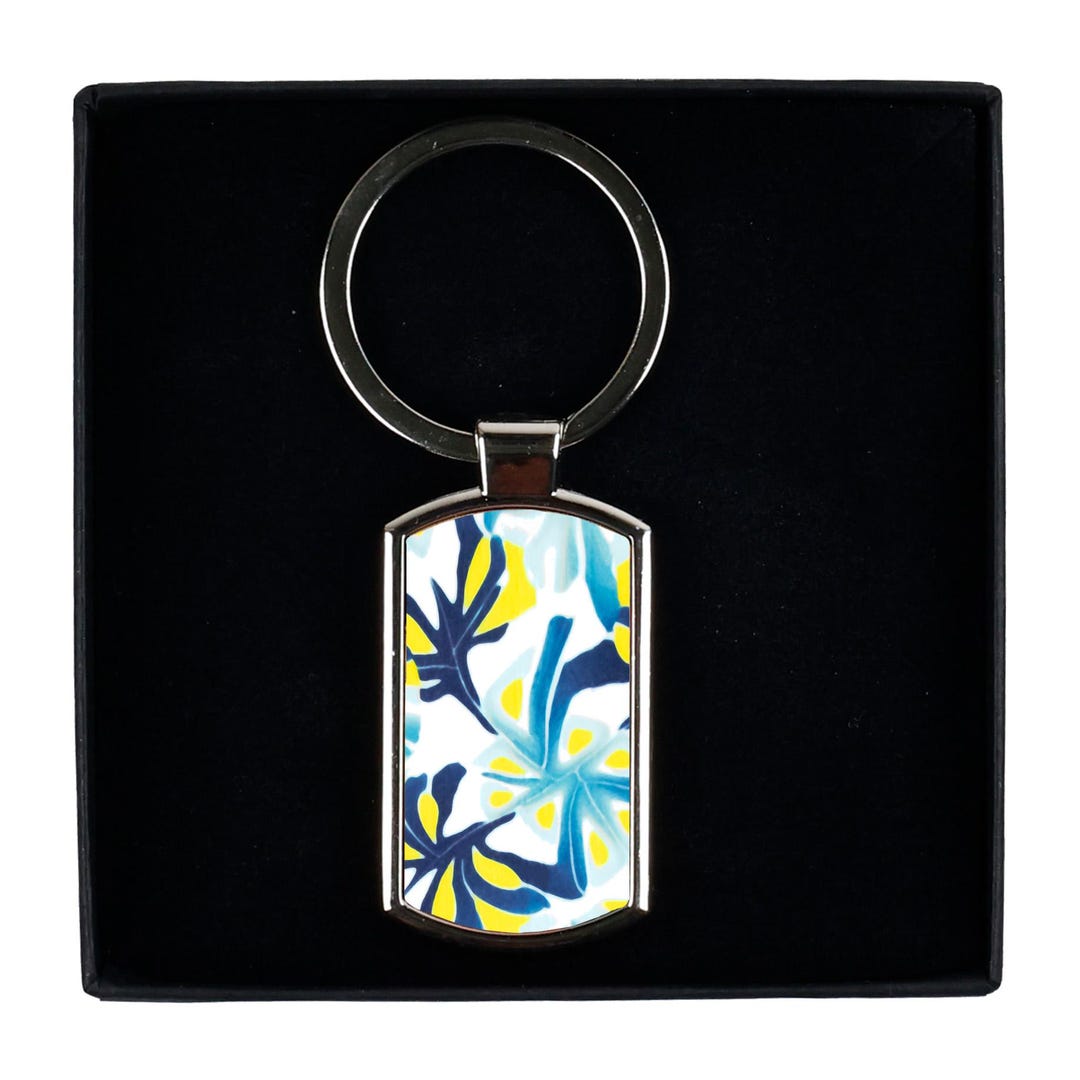 Navy Yellow Flowers Hand-printed Key Chain, Car Key Fob for Mum, Bright ...
