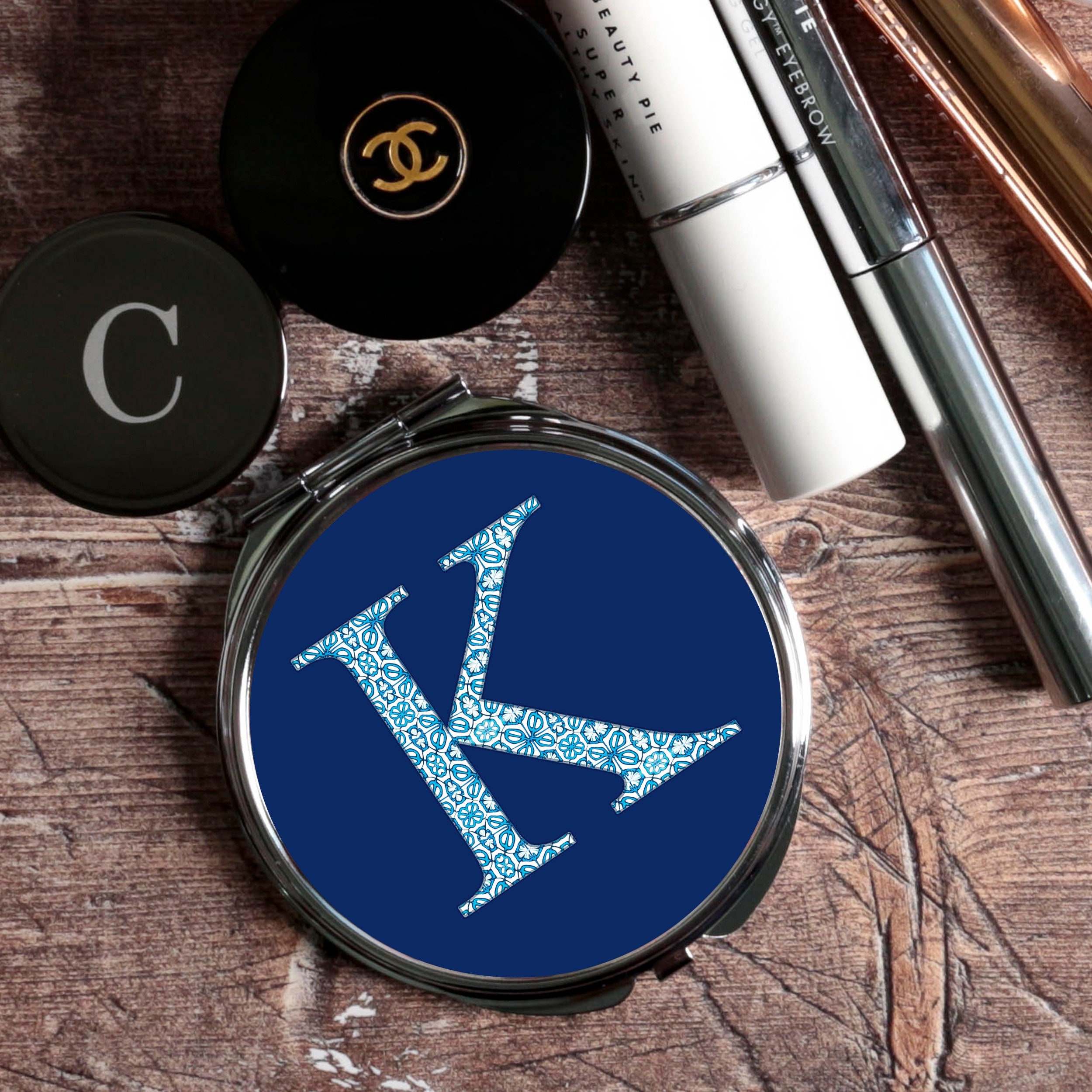 Personalised Initial Compact Mirror - Small Makeup Portable Vanity Folding Hand Gift For Gardener Name
