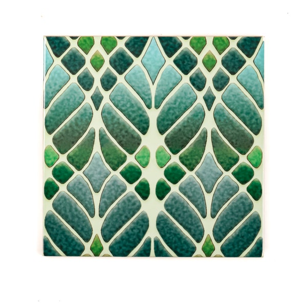 Art Nouveau tiles, Craftsman Tile Green Blue, colourful handprinted tiles, feature wall tiles, 6 inch green ceramic tile, William Morris