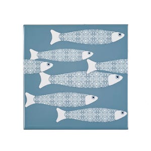 Shoal of Fish ceramic tile, blue grey bathroom, fish decor, seaside accent tile, border tile ceramic, pretty ocean house tile, beach decor,