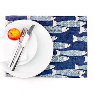 Denim Blue Ocean School placemat, blue fabric table mat, 15 x 12 inch, easy care, machine washable rustic kitchen decor dining mat