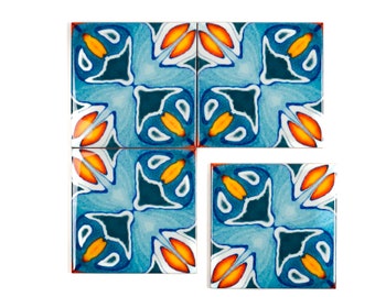 Moroccan style tiles, Alhambra kitchen tiles, 6 inch blue orange ceramic tiles, rustic decor, colourful Iznik, country azulejos