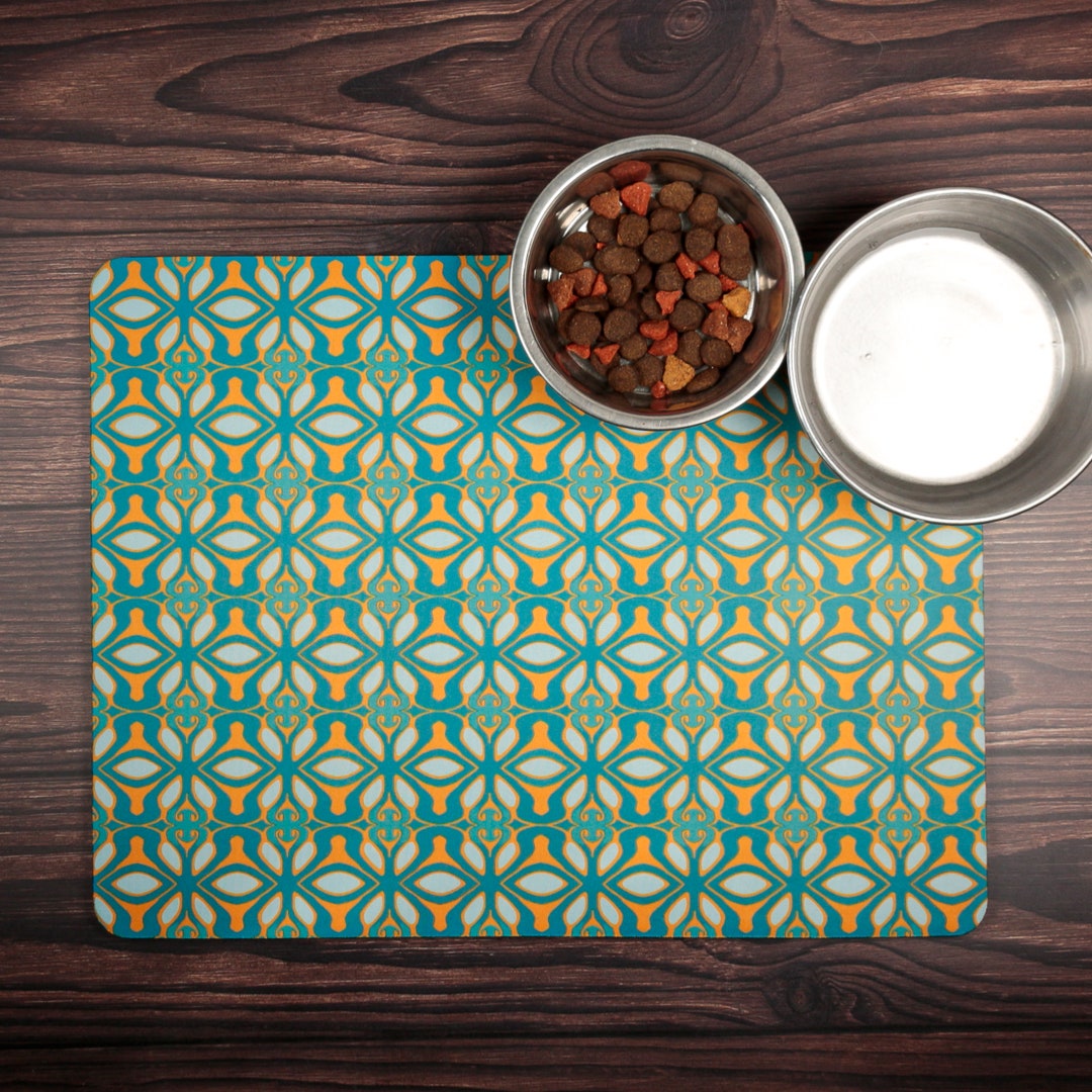 Waterproof Washable Dog Food Mat, Turquoise Orange 'greek' Design