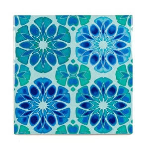 Patchwork Tiles, Mix and Match blue green ceramic, Ecclectic Vintage, Aga Splashback tile, feature wall, craftsman design, Maximalist decor