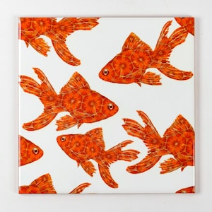 Goldfish ceramic tiles, orange red fish tiles, dramatic back splash, unique aquarium tiles, vintage cloakroom tiles, handmade tile mural