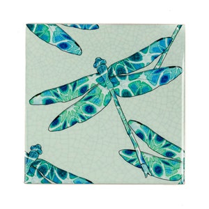 Dragonfly tile, green feature wall, natural world decor, unusual ceramic tiles, character kitchen, Arts and Crafts design, antique aqua tile