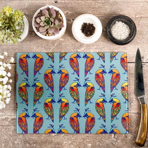 Colourful 'Love Birds' chopping board, heatproof pan rest, pot stand, easy clean cutting board, pretty Bird Lover gift, Orange Yellow Parrot