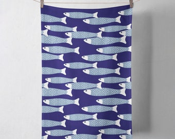 Navy Blue Ocean Shoal 100% Cotton tea towel. Soft natural material. Beach House decor, Seaside Home. Designed and Made in England. 47x72cm.
