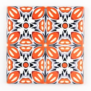 Retro orange flower tiles, ceramic splashback tiles, orange kitchen tiles, 6 inch tile back splash, Talavera tile wall, Portuguese tiles.