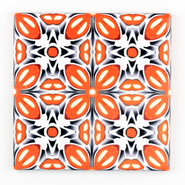 Retro orange flower tiles, ceramic splashback tiles, orange kitchen tiles, 6 inch tile back splash, Talavera tile wall, Portuguese tiles.