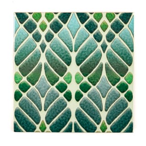 Art Nouveau tiles, Craftsman Tile Green Blue, colourful handprinted tiles, feature wall tiles, 6 inch green ceramic tile, William Morris