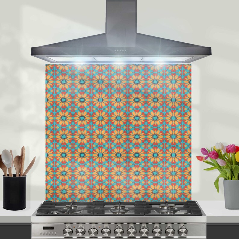 Moroccan Flower Kitchen Splashback - Orange & Teal Glass Cooker Panel ...