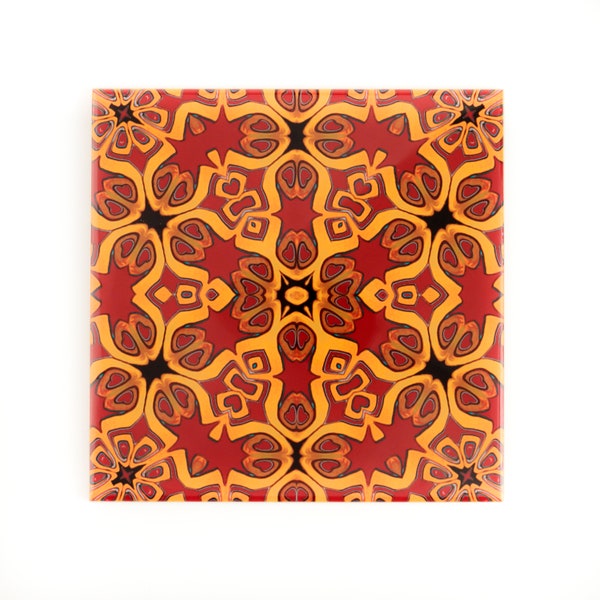 Bohemian Red gold ceramic handprinted tiles. "Arabian Nights" decorative tile. Colorful ceramic. Craftsman-made fireplace tiles. Heraldry