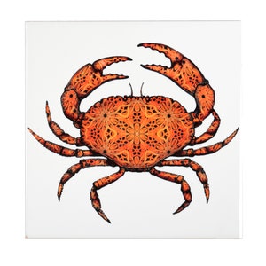 Orange Red Crab Design Tile -  Crab Decor - Ocean House - Beach Home Tile - Chef Gift - Gift For Cancerian - Ceramic Handprinted Tile