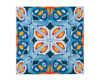 Spanish kitchen tiles, Moroccan style tiles, 6 inch blue orange ceramic tiles, rustic decor, Iznik tiles, pattern 4 inch decorative tile,