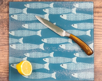 Fish School Chopping Board - Seaside Worktop Saver - Ocean Lover Cutting Board - Teal Blue Heatproof Pan Rest - Beach House Kitchen Gift