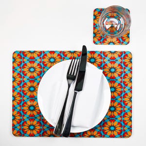 Orange Pink Moroccan Flower Table Mat, Cork Backed, Non Slip, Wipe Clean extra large melamine placemat. Quality hand-printed place setting