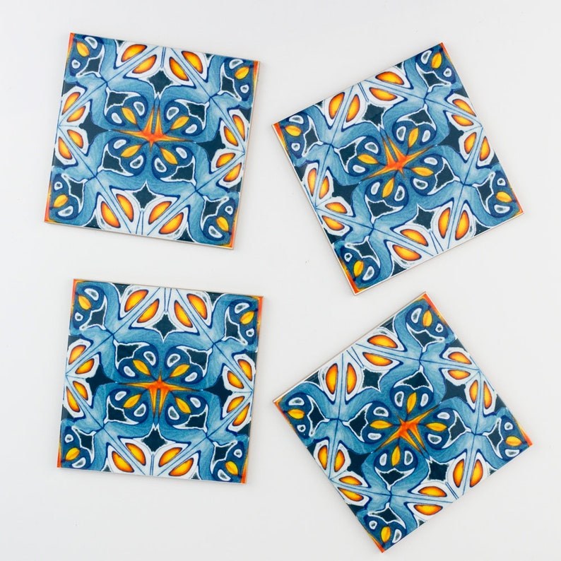 Orange and blue kitchen tiles, ethnic decor, Moroccan tiles, 10cm square tiles, rustic kitchen decor, maximalist decorative tile, Iznik tile image 7