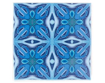 Art deco handmade tiles, rich denim blue splashback tiles, handmade kitchen tiles, 10cm ceramic decorative tile, millefiori design tiles,