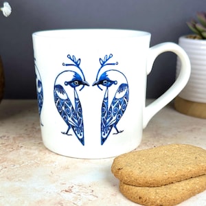 Blue Lovebirds mug, Love Bird design, Navy blue & White Cup, Original Hand Drawn Parakeet Design, Large Bone China Mug, Parrot Owner Gift