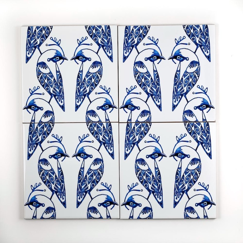 Love Birds Tile, Blue and White Bird Tiles, Unique Handprinted Ceramic ...