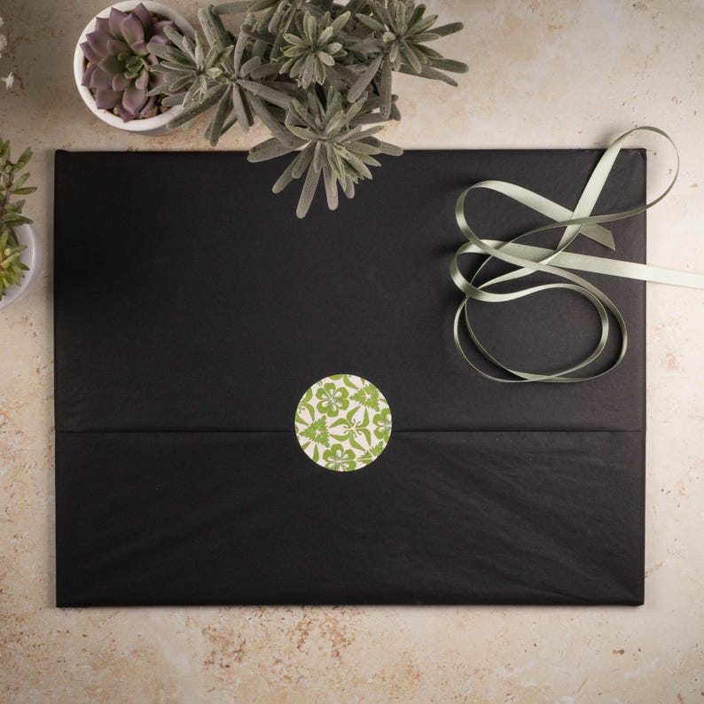 May include: A rectangular black paper package sealed with a circular sticker featuring a green and white floral pattern. A light green ribbon is tied in a loose loop on the right side of the package, which is positioned near two small potted succulents.