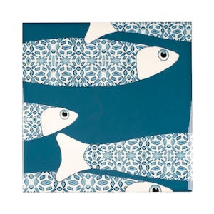 Teal Blue Fish Tile - Ocean Tile - Feature Wall Tile Mural - Set of Four Ceramic tiles - Ocean House Decor - Handmade Beach Home Decor