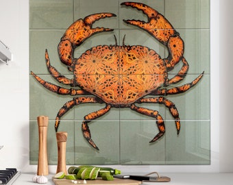 Krab muurschildering - Ocean Art - Orange Red Crab - Set van 16 wandtegels - Chef Mural - Beach House Back Splash Tile - Feature Wall Tile Mural