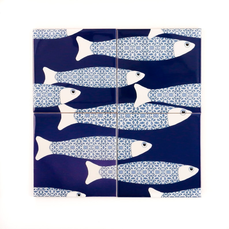 Navy Blue Fish Tile Ocean Tile Feature Wall Tile Mural Etsy