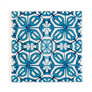Blue turquoise flower tiles, 6 inch square tiles, Turkish Iznik pattern tile, border tile teal, turquoise decorative tile, vintage craftsman