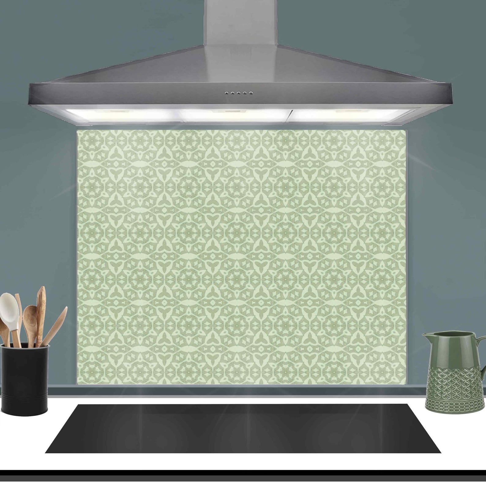 Green 'carved stonework' splashback, custom sized heat-proof toughened glass