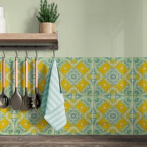 William Morris Vintage tiles, retro yellow green tiles, tiles for Aga splashback, Arts and Crafts Decor, 6 inch botanical design, distressed