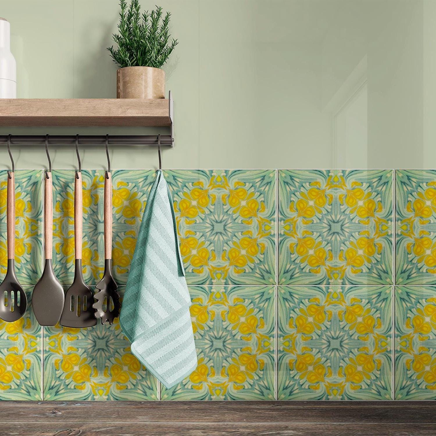 William Morris Vintage Tiles, Retro Yellow Green Tiles, Tiles for