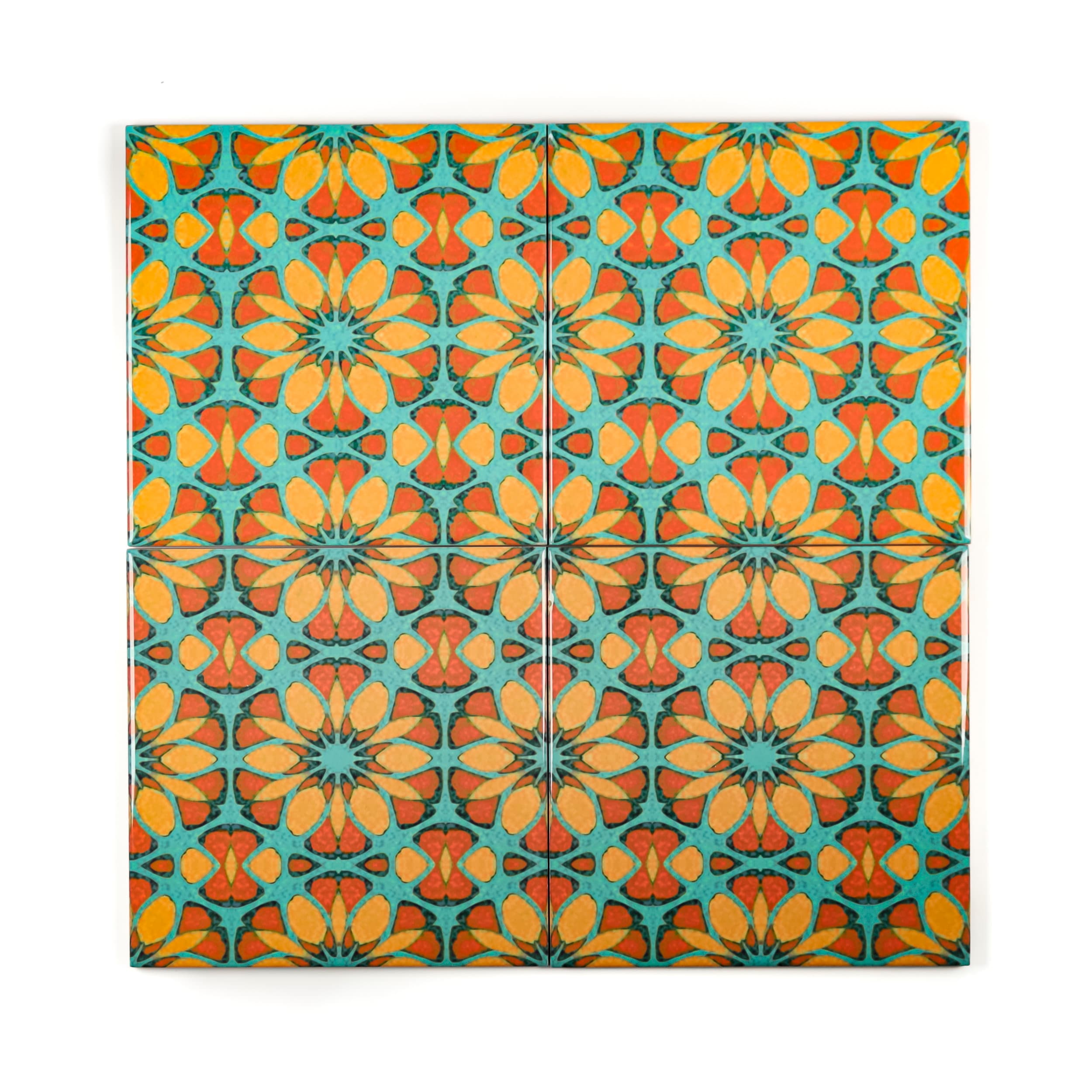 Moroccan Flower Tiles, 6 Inch Blue Orange Ceramic Tiles, Colourful