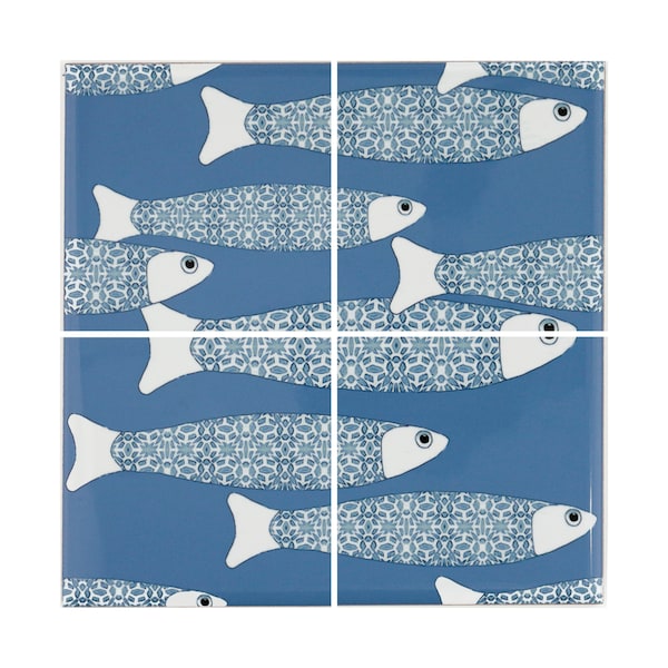 Sky Blue Fish Tile Panel - Ocean Tile - Feature Wall Tile Mural - Set of FOUR Ceramic tiles - Ocean House Decor - Handmade Beach Home Decor