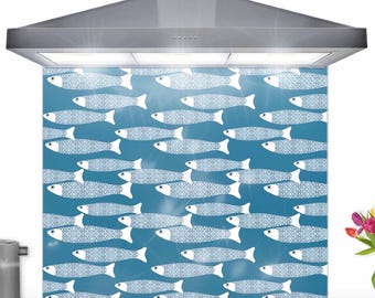 Ocean Shoal Fish Splashback, Teal Blue Ocean Beach House splash back, custom sized stovetop screen, heat-proof toughened glass back splash