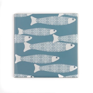 Shoal of Fish ceramic tile, blue grey bathroom, fish decor, bathroom feature wall, gray back splash, unique aquarium tiles, character tiles,