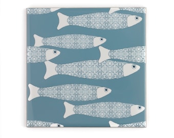 Shoal of Fish ceramic tile, blue grey bathroom, fish decor, bathroom feature wall, gray back splash, unique aquarium tiles, character tiles,