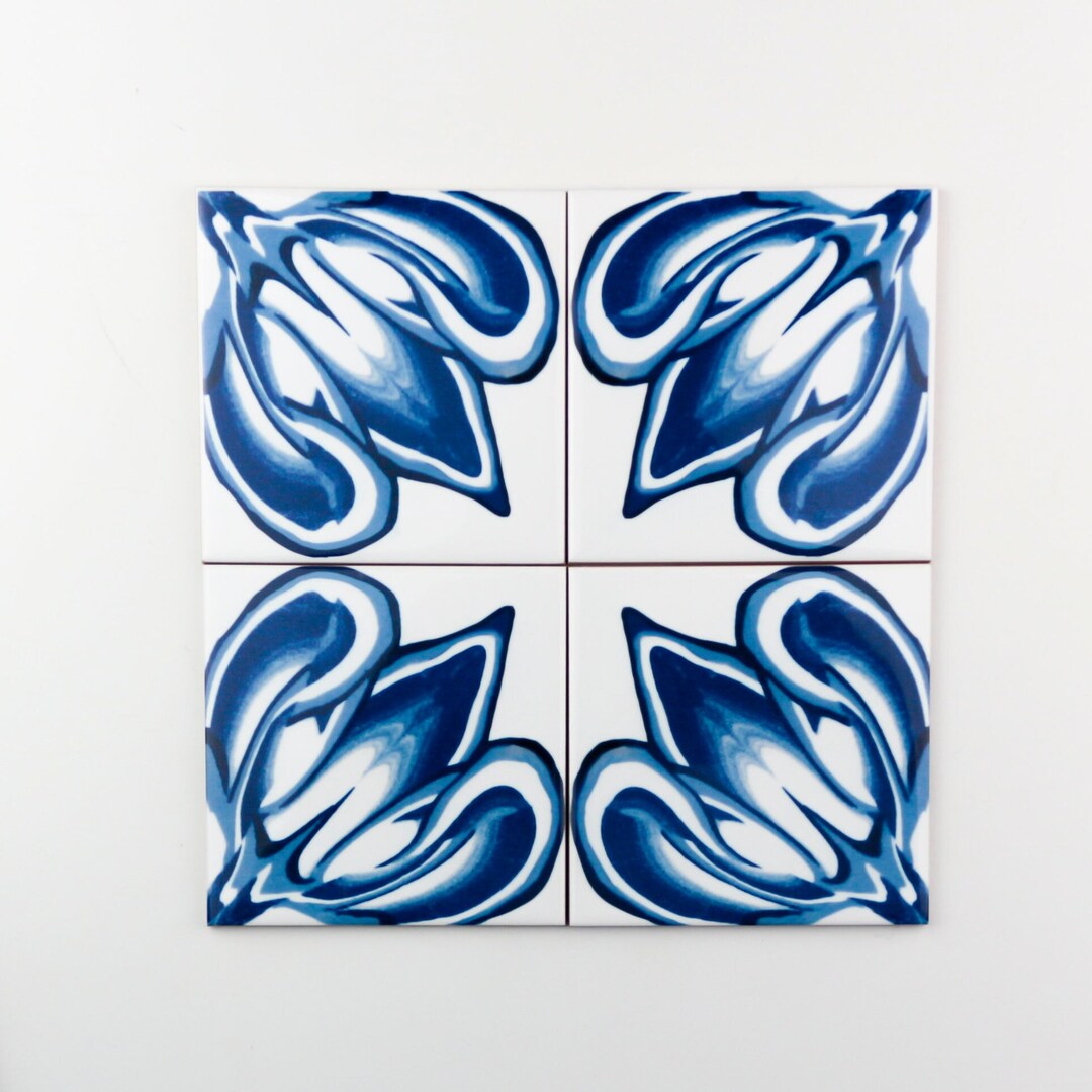 Set of Four Delft Blue Ceramic Tiles, Millefiori Decorative Tile